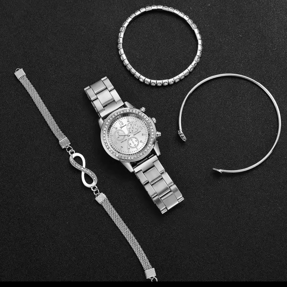 Rhinestone Women’s Watch Set Silver Stainless Steel Quartz Bracelet Set - Picture 2 of 5